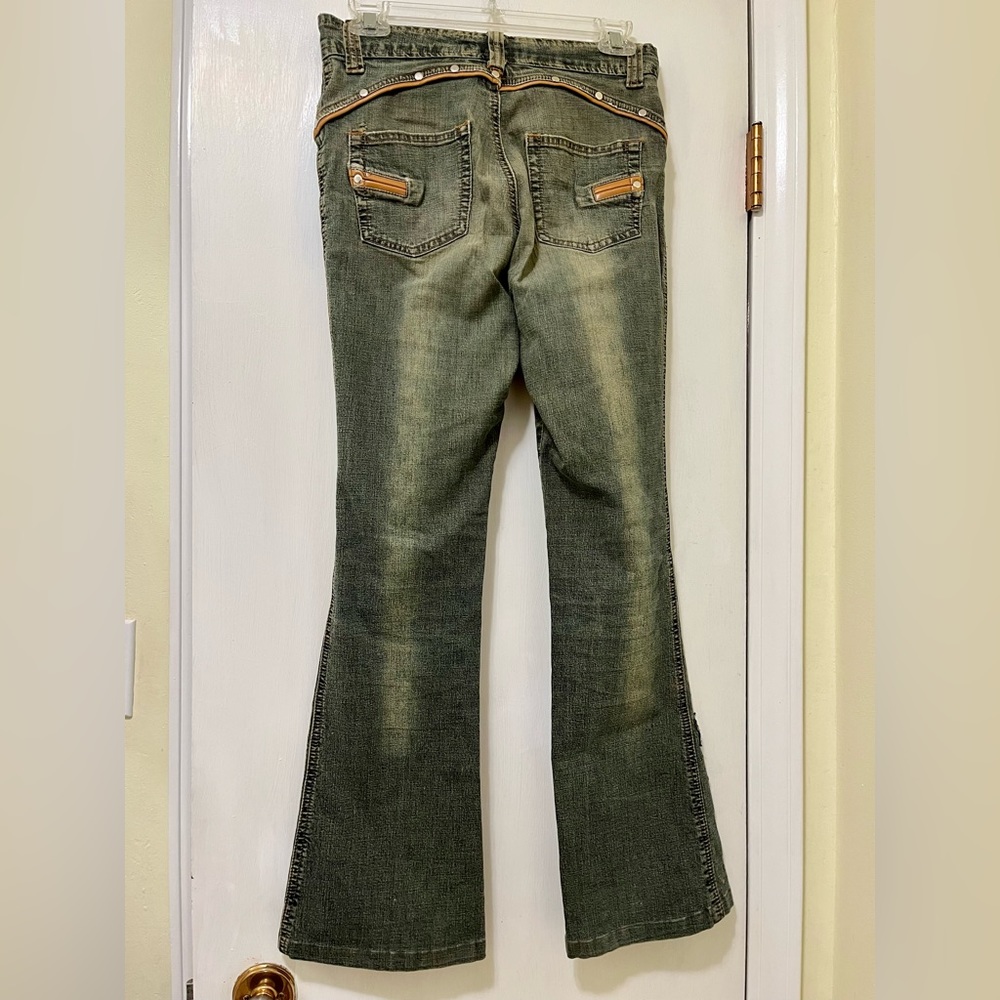 Vintage Y2K Flare Embroidered Floral Rose Faux Leather 100% Cotton Jeans size 30 - Picture 2 of 9